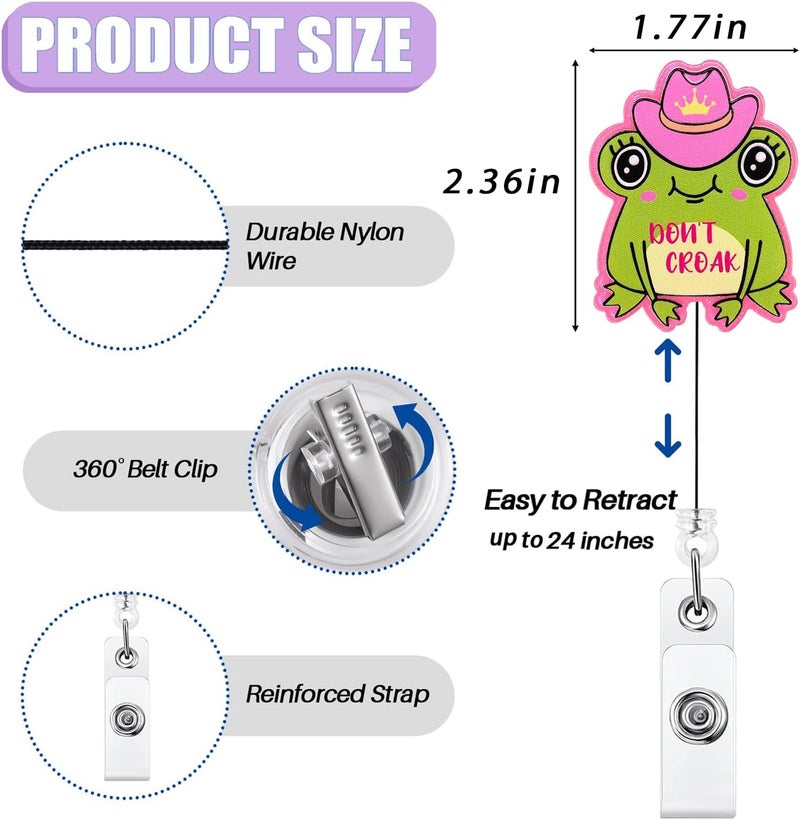 Bydevia Don’t Croak Cowgirl Frog Badge Reel Retractable for Nurse Nursing RN CNA Medical Assistant & Teacher | Funny Nurses Gifts Frog ID Badge Holder with Alligator Clip & 24” Durable Nylon Cord | Acrylic - Image 2